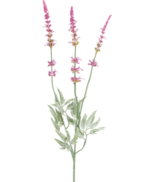 De Kunsttak Lavendel 66 cm paars heeft een enkele stengel met drie hoge, slanke aren van kleine paarse bloemen en meerdere groene, gekartelde bladeren tegen een witte achtergrond.