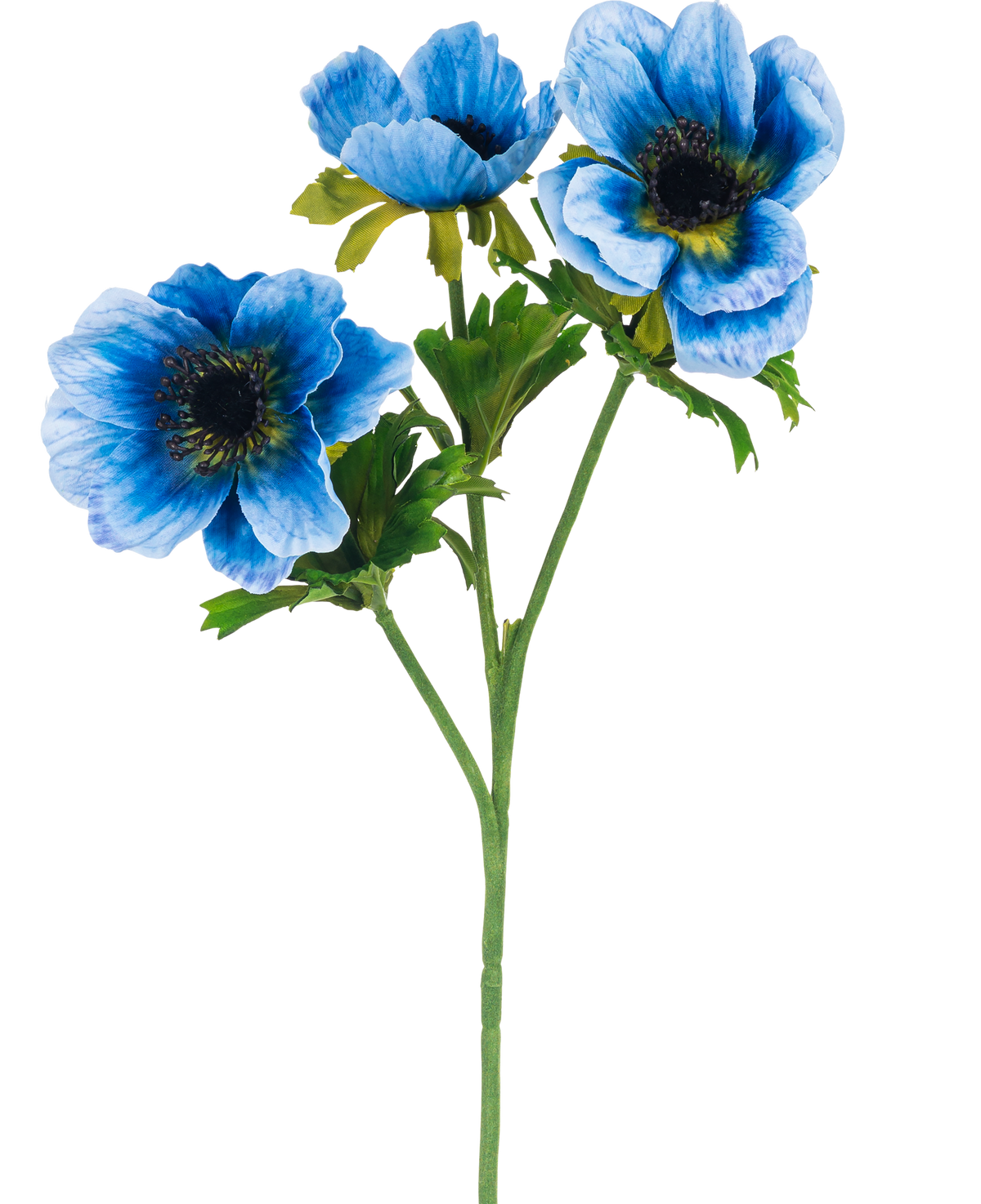 La flor artificial de anémona doble de 56 cm azul tiene un único tallo verde con tres flores de anémona azules y varias hojas verdes, representadas sobre un fondo blanco liso.