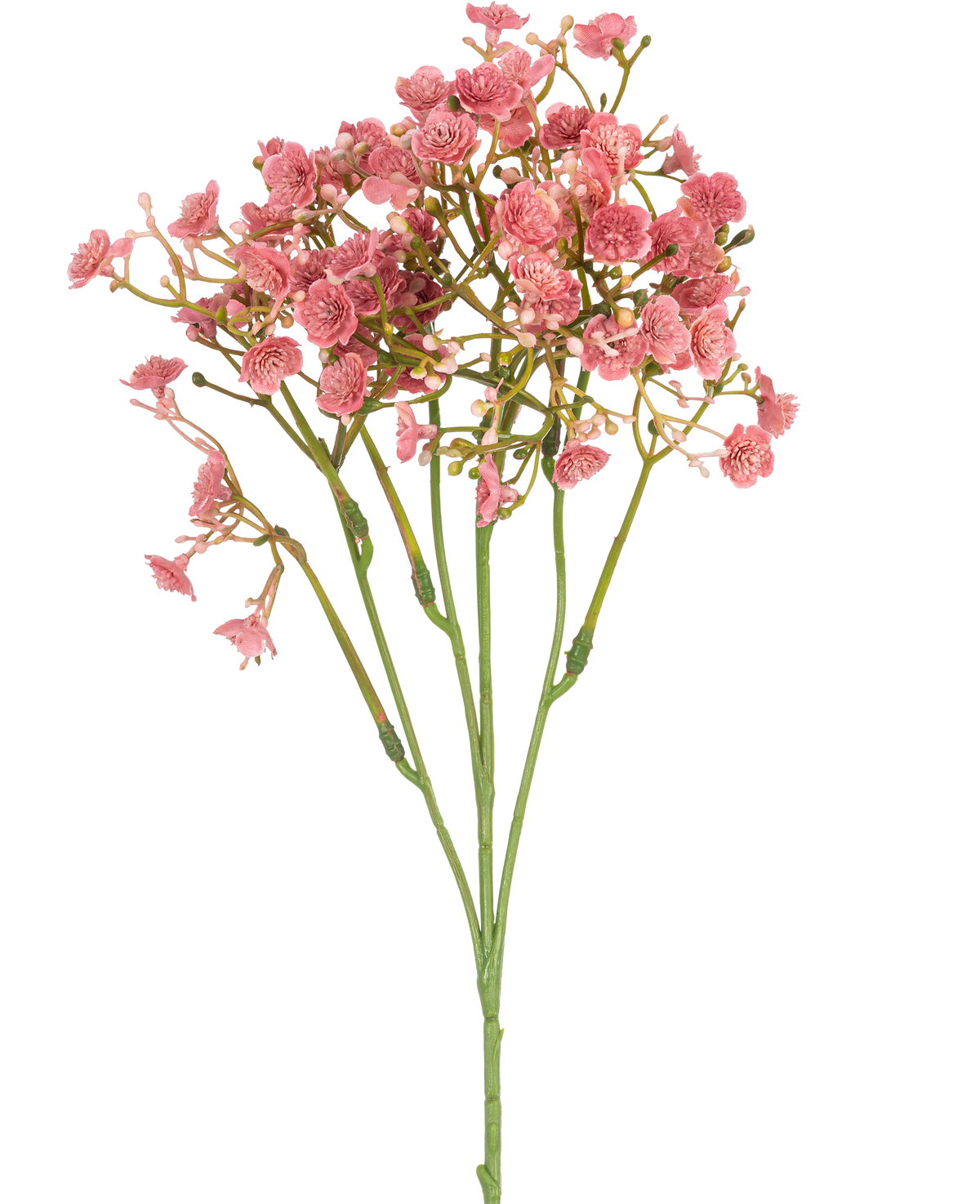 La rama artificial de Gypsophila rosa vintage de 48 cm tiene un único tallo verde con múltiples ramas delgadas, cada una decorada con ramos de pequeñas flores redondas de color rosa, todas ellas sobre un fondo blanco liso.
