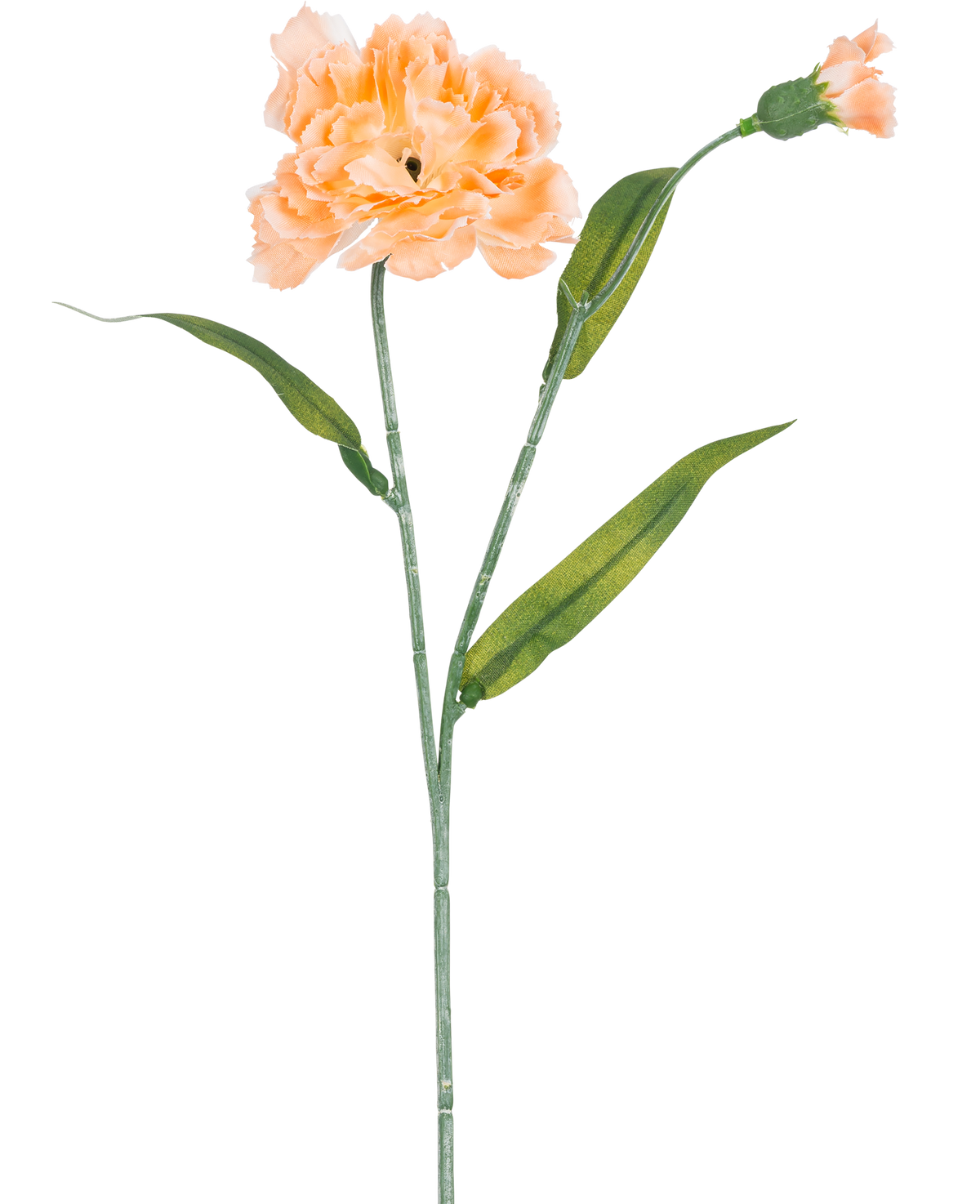El clavel artificial de color melocotón de 40 cm es un clavel artificial de color melocotón claro con hojas verdes y un pequeño capullo sin abrir, representado sobre un fondo blanco.