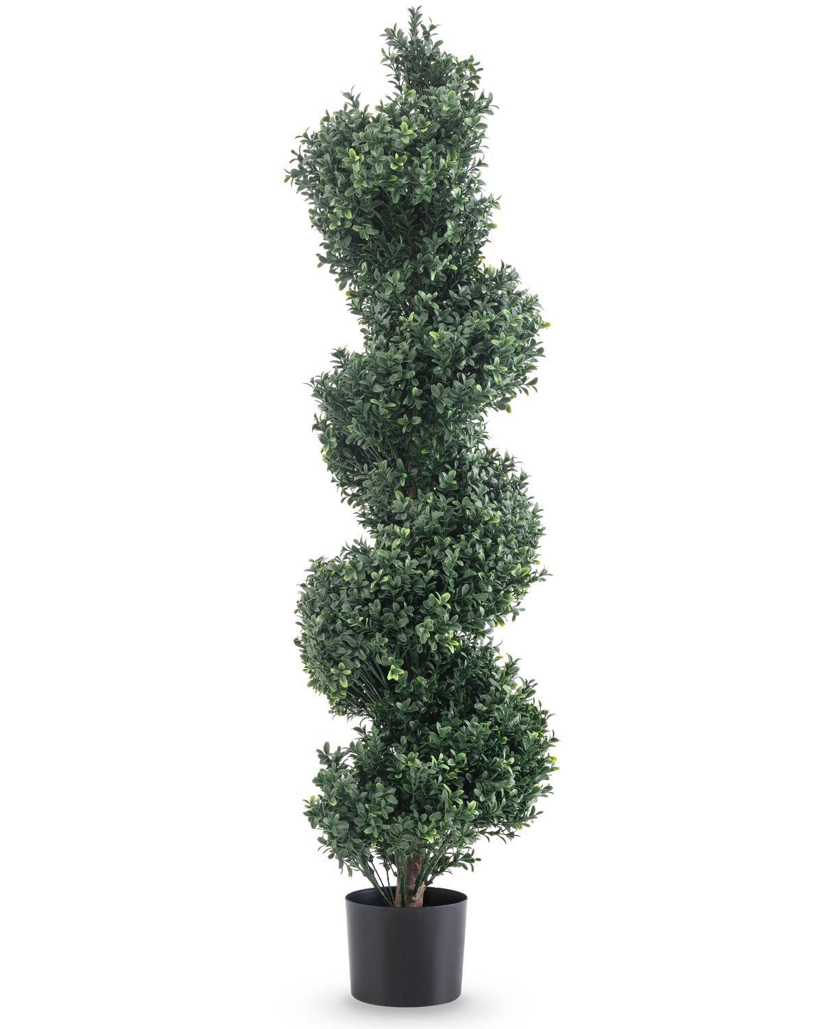 El Boj Artificial Espiral estilo Romano UV 120cm es un topiario artificial con densas hojas en espiral de color verde, en una sencilla maceta negra y sobre un fondo blanco.