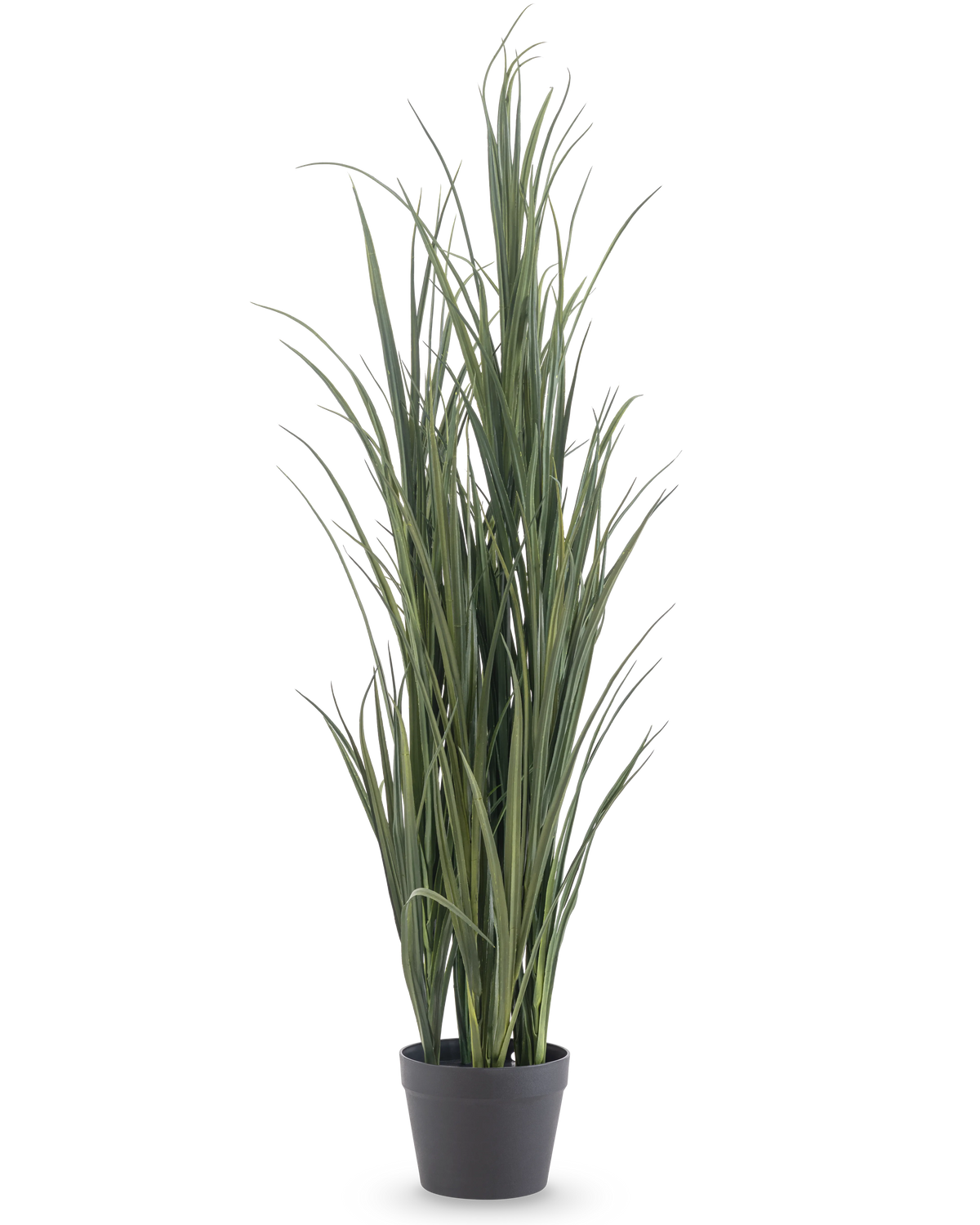 El Césped Artificial Verde UV 120 cm es una planta de césped artificial alta con hojas verdes largas y delgadas en una sencilla maceta negra, sobre un fondo blanco liso.