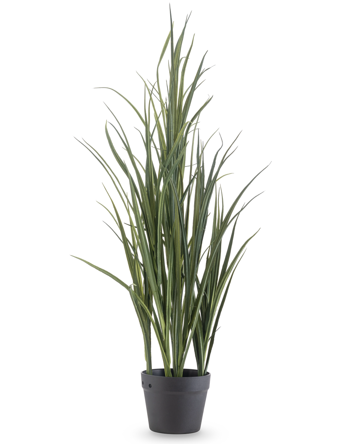 El Césped Artificial Verde UV 90cm es una planta artificial alta con hojas verdes largas y delgadas que se mantienen erguidas en una maceta de color gris oscuro sobre un fondo blanco liso.