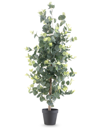 Planta artificial de eucalipto de 91 cm con hojas verdes redondas y pequeños detalles en amarillo en una maceta negra, sobre un fondo blanco liso.