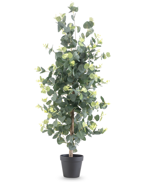 Planta artificial de eucalipto de 91 cm con hojas verdes redondas y pequeños detalles en amarillo en una maceta negra, sobre un fondo blanco liso.