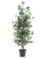 La planta artificial Eucalipto de 91 cm tiene hojas verdes redondas, altas y realistas, y pequeños cogollos amarillos en una maceta negra, sobre un fondo blanco liso.