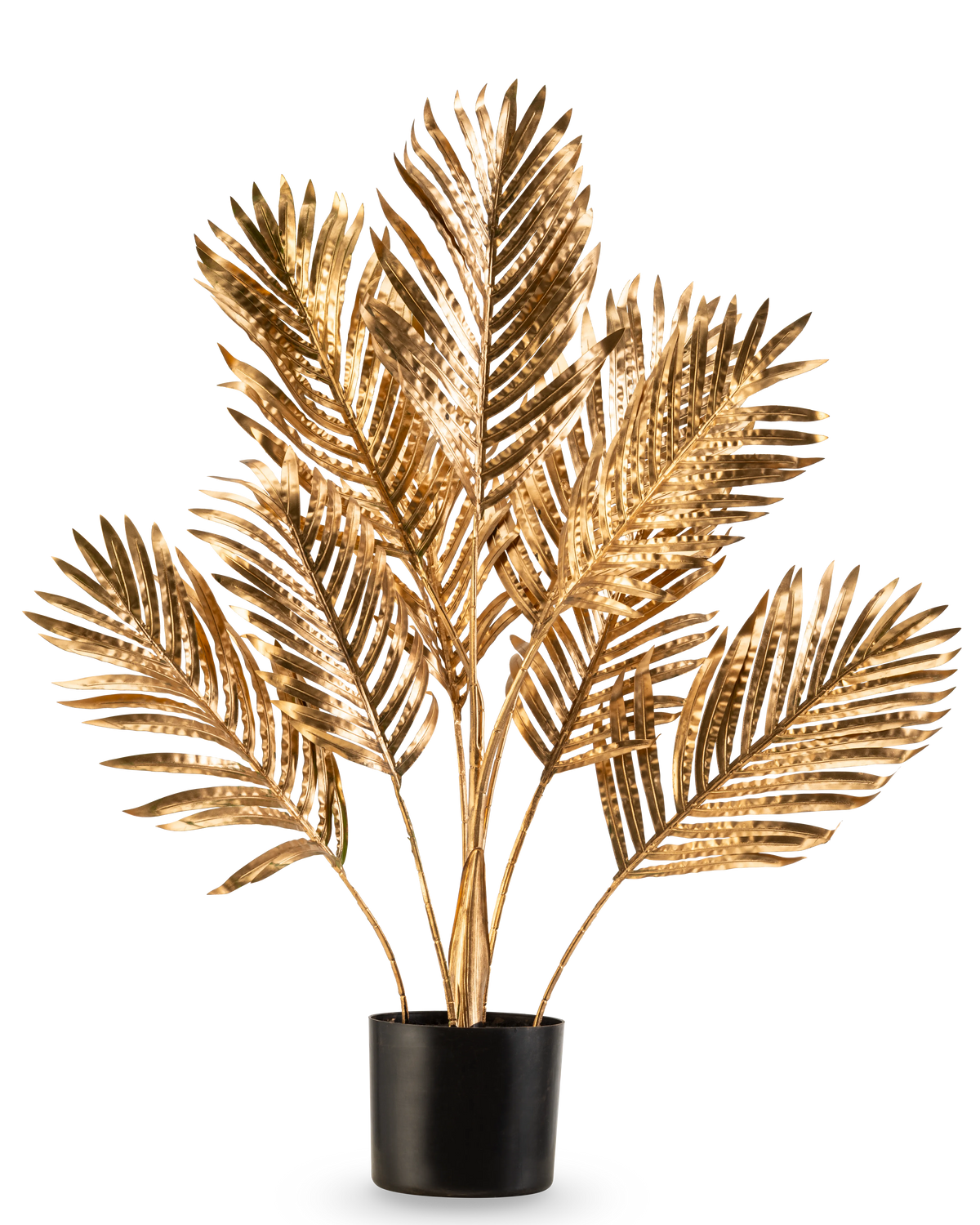 La Palmera Artificial Areca dorada 80 cm es una planta decorativa en maceta con hojas de palma doradas metalizadas en una maceta negra, sobre un fondo liso blanco.