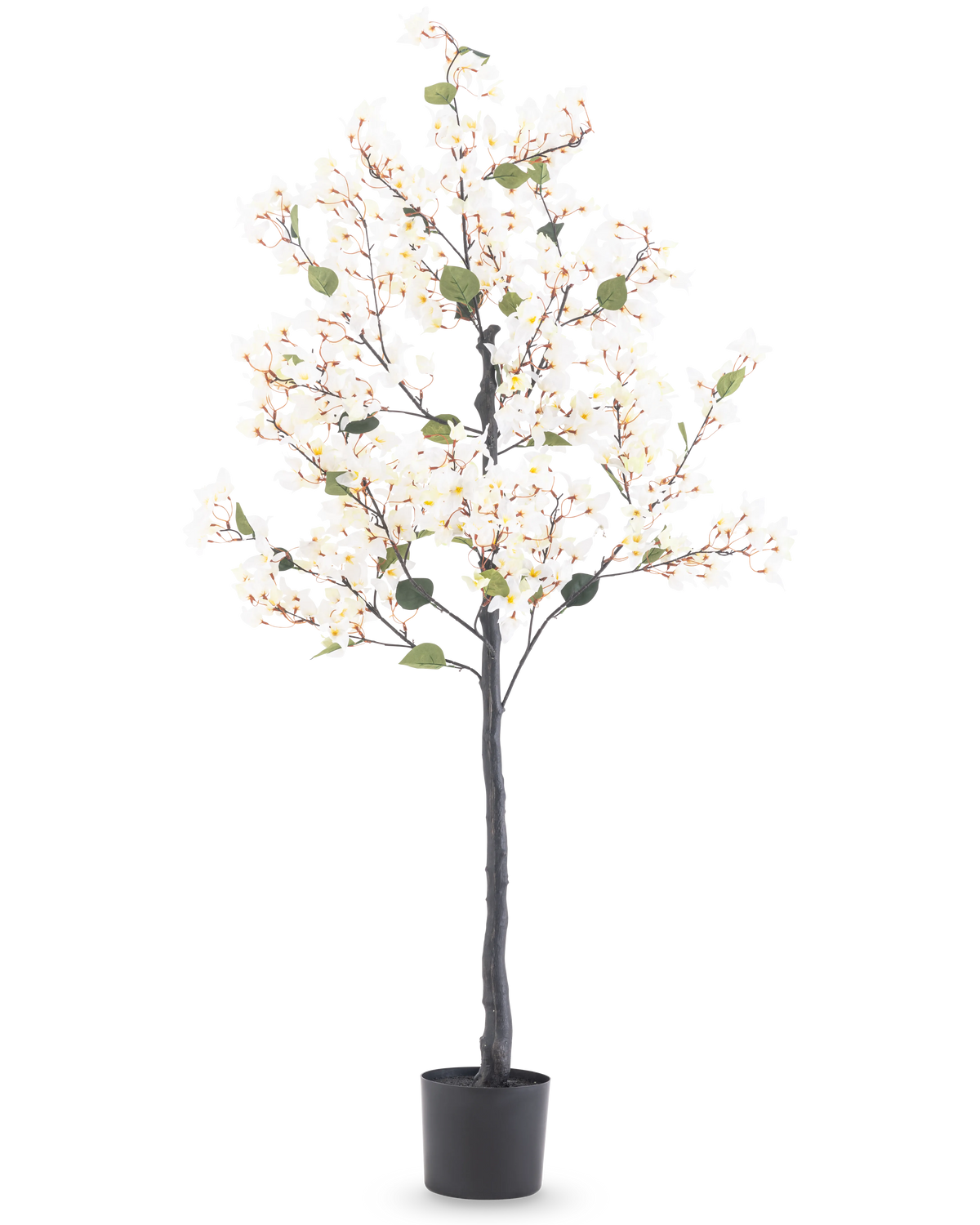 La buganvilla artificial blanca de 150 cm es un árbol artificial alto con luces blancas y hojas verdes, en una maceta cilíndrica negra sobre un fondo blanco liso.