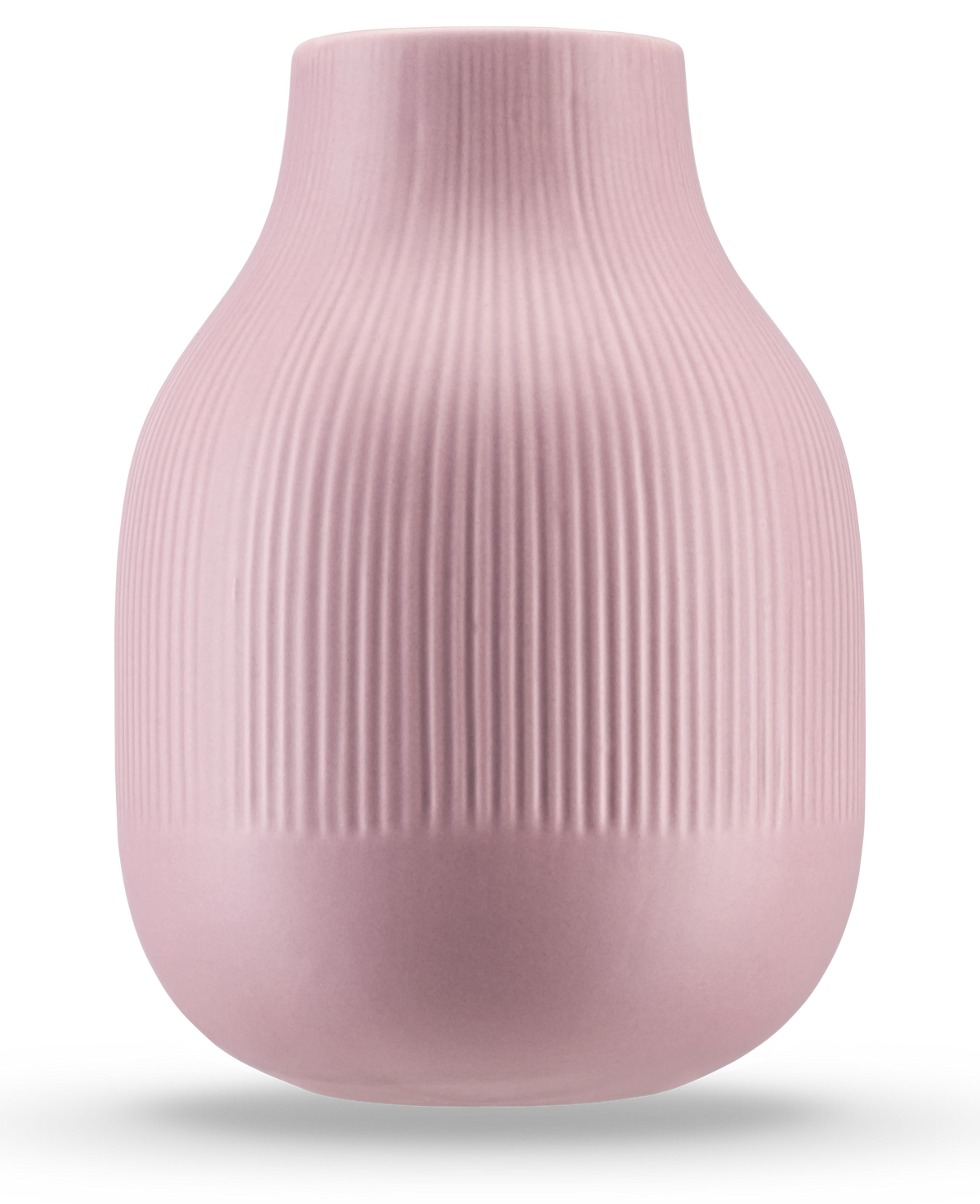 El Jarrón Botan 22 cm rosa viejo es un jarrón de cerámica de color rosa claro con base redonda, cuello estrecho y textura acanalada vertical en la mitad superior. El acabado mate y liso lo hace ideal para muebles modernos.