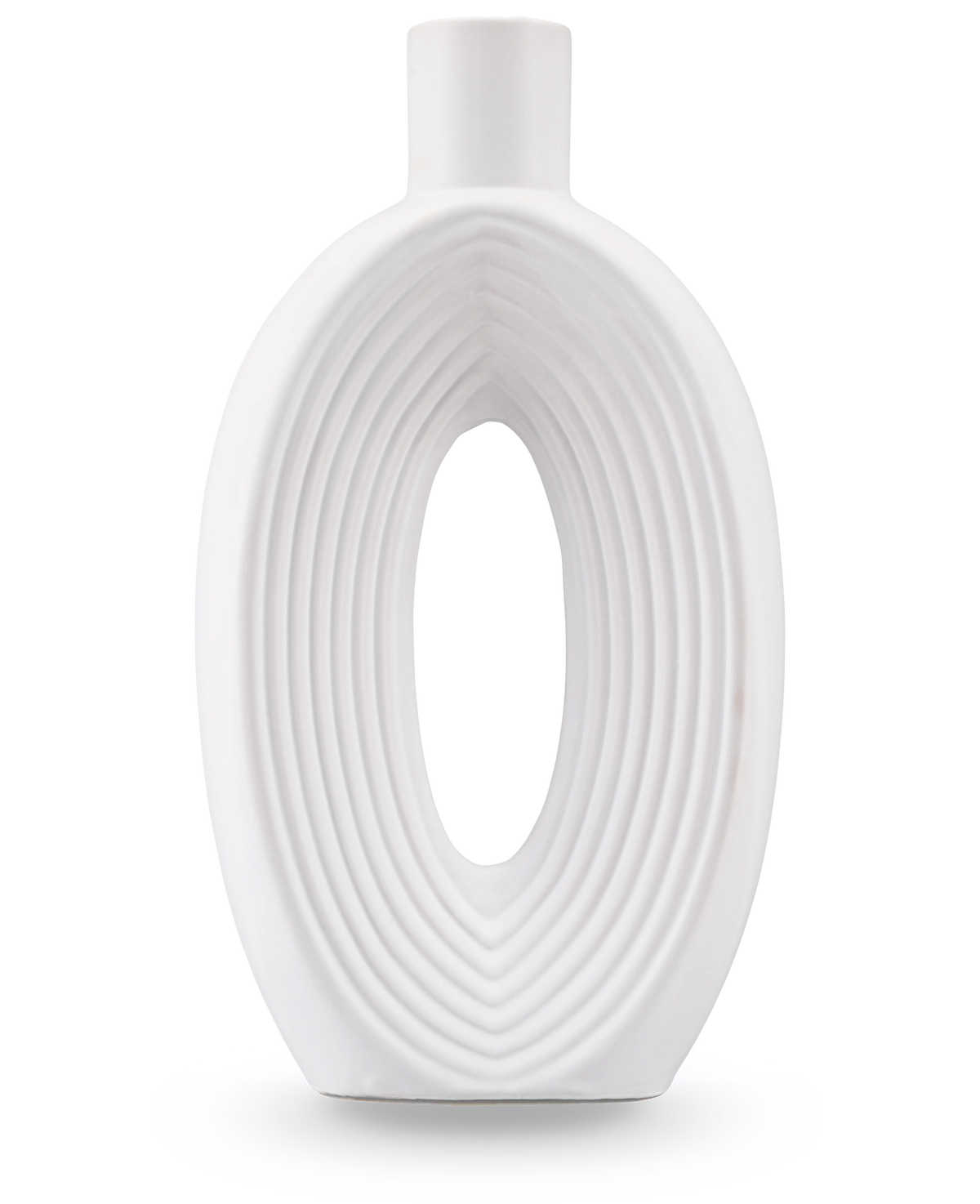 El Vase Soft Bloom 27 cm blanquecino es un moderno jarrón de cerámica con forma ovalada, nervaduras concéntricas, centro hueco, acabado liso y un pequeño cuello cilíndrico, ideal para exponer flores artificiales de seda.