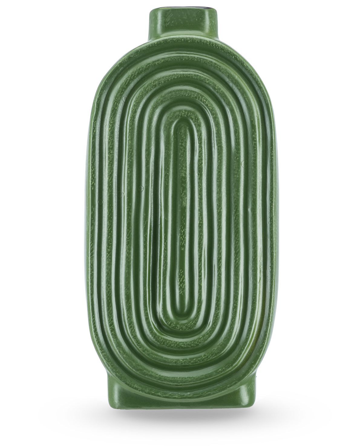 El jarrón Breaths 24 cm verde tiene una forma ovalada y acanalada y una pequeña abertura en la parte superior, ideal como jarrón de cerámica para flores artificiales. Se encuentra erguido sobre un fondo claro.
