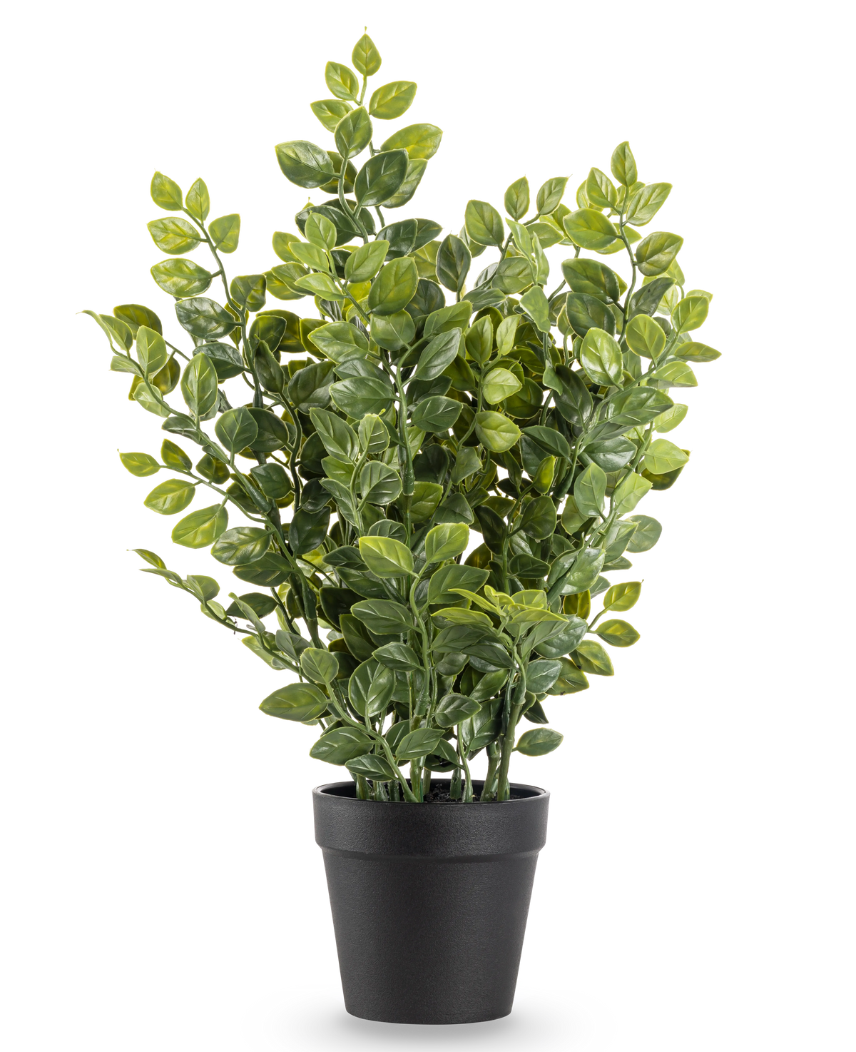 La Planta Artificial Verde 35 cm es una planta artificial realista en una maceta con exuberantes hojas verdes en una sencilla maceta negra, representada sobre un fondo blanco liso.