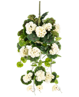 De Kunst hangplant Geranium 75 cm wit is een kunst hangplant met trossen witte bloemen en groene bladeren, verticaal tegen een effen witte achtergrond.
