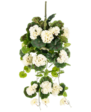 De Kunst hangplant Geranium 75 cm wit is een kunst hangplant met trossen witte bloemen en groene bladeren, verticaal tegen een effen witte achtergrond.