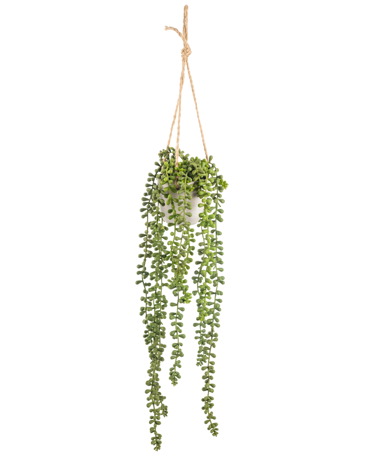 La planta colgante Senecio Artificial en maceta de 55 cm tiene largos tallos colgantes de color verde con hojas redondas, colgadas en una maceta blanca sobre una cuerda color canela, perfecta para añadir vegetación a cualquier espacio.