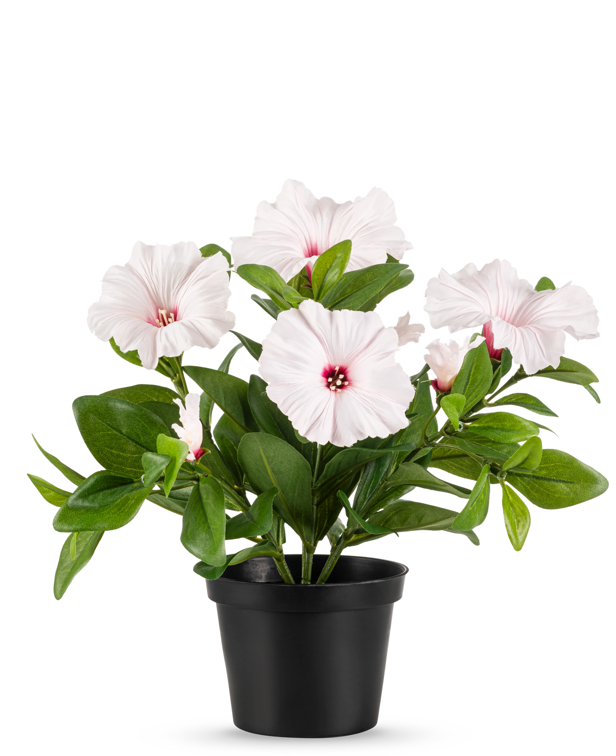 La planta Petunia Flor Artificial 25 cm rosa se coloca en una maceta negra, con varias flores de cinco pétalos de color rosa claro con un corazón rosa oscuro y estambres amarillos, sobre un fondo liso blanco.