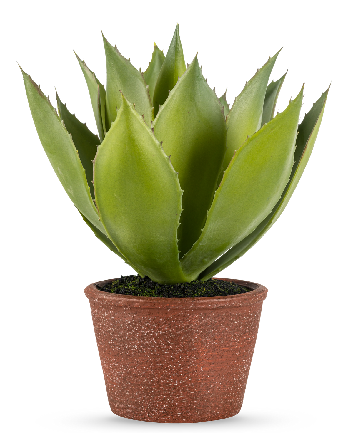 La Planta Artificial Agave 25 cm tiene hojas verdes gruesas y puntiagudas en una maceta de color marrón rojizo con textura, sobre un fondo blanco liso.