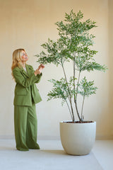 Una mujer con un traje verde se encuentra dentro y sonríe mientras toca suavemente las hojas de la planta Ruscus artificial de 180 cm. Una pared lisa y de colores claros sirve de telón de fondo y crea una atmósfera tranquila y natural.