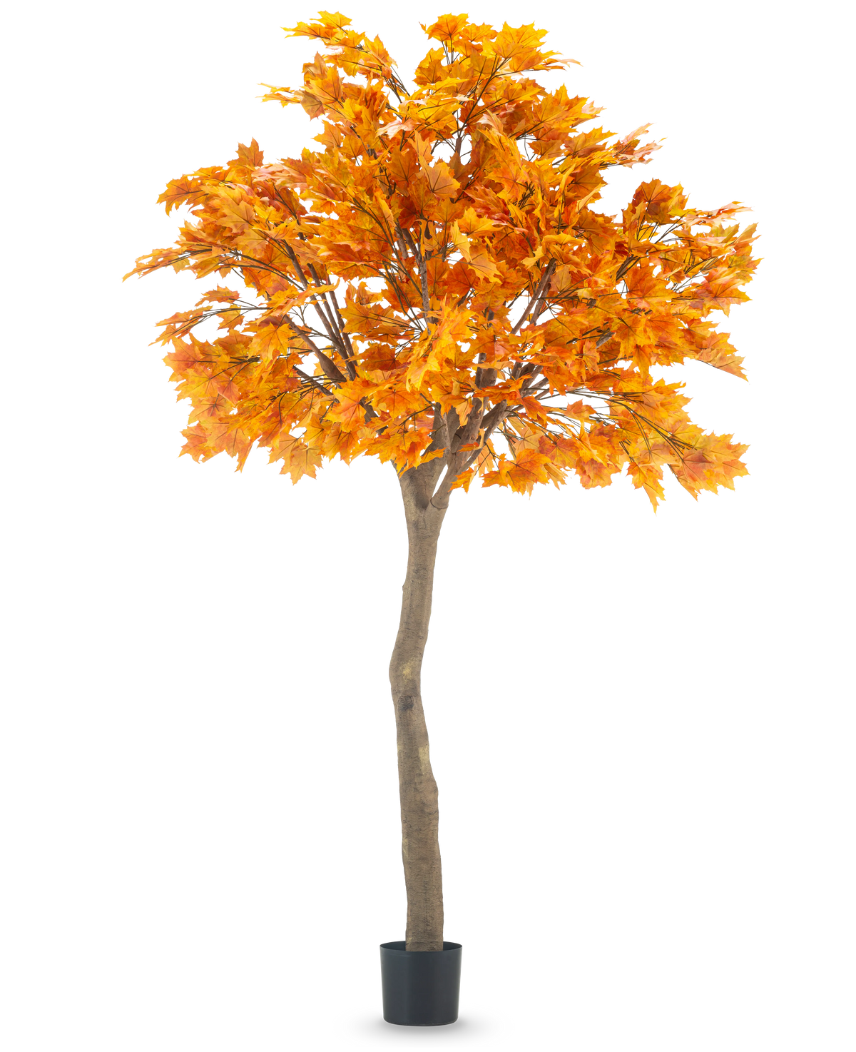 El Arce Árbol Artificial de 280 cm es un arce artificial alto con hojas otoñales de color naranja vibrante en una maceta negra, aislado sobre un fondo blanco.
