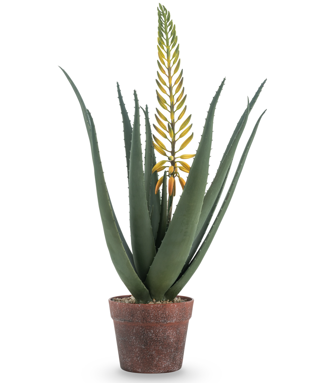 La planta de Aloe Artificial con Flor 66 cm es un aloe vera artificial en maceta con hojas largas y gruesas de color verde y una larga rama de flor amarilla, aislada sobre un fondo blanco.