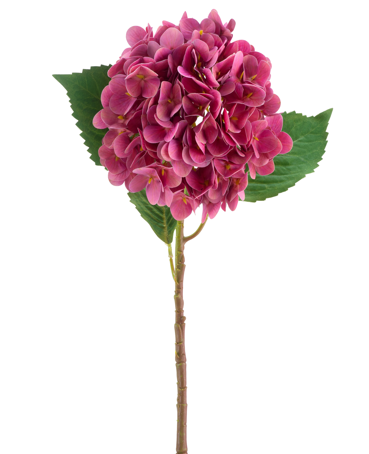 Una flor Real Touch de hortensia artificial de color rojo púrpura con hojas verdes, de 58 cm de altura.