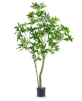 De Kunstplant Pachira 180 cm heeft slanke stammen en overvloedige groene bladeren, gepresenteerd in een hoge pot tegen een effen witte achtergrond.