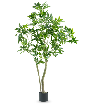 De Kunstplant Pachira 180 cm heeft slanke stammen en overvloedige groene bladeren, gepresenteerd in een hoge pot tegen een effen witte achtergrond.