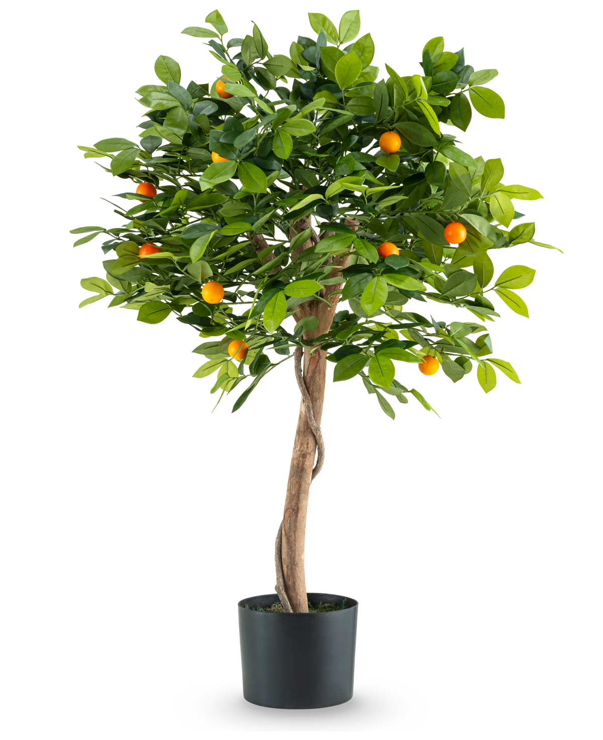 La Planta Artificial Naranjo 90 cm es un naranjo en maceta con un tronco retorcido, exuberantes hojas verdes y pequeños frutos de color naranja sobre un fondo blanco liso.