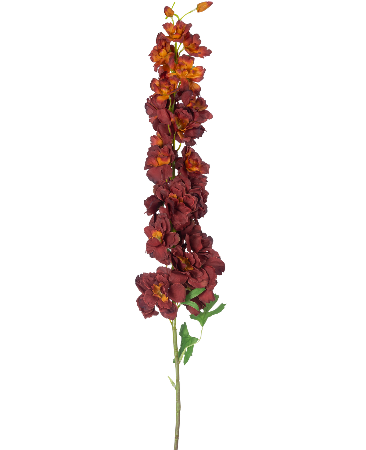 La flor artificial Delphinium 105 cm burdeos tiene un tallo único y largo con varias flores artificiales de color rojo oscuro y naranja y hojas verdes, aisladas sobre un fondo blanco.
