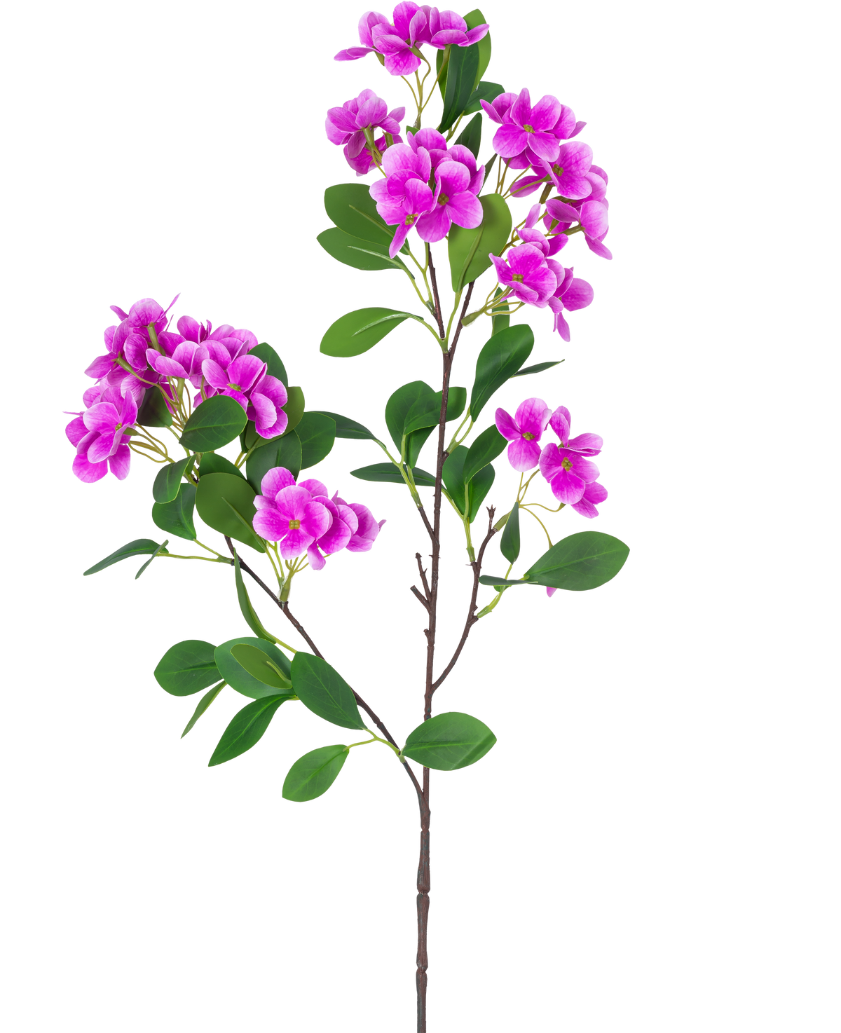 La Flor Artificial Bola de Nieve Real Touch Púrpura de 80 cm presenta un solo tallo con varios racimos de vibrantes flores de color púrpura y exuberantes hojas verdes, bellamente presentadas sobre un fondo blanco.