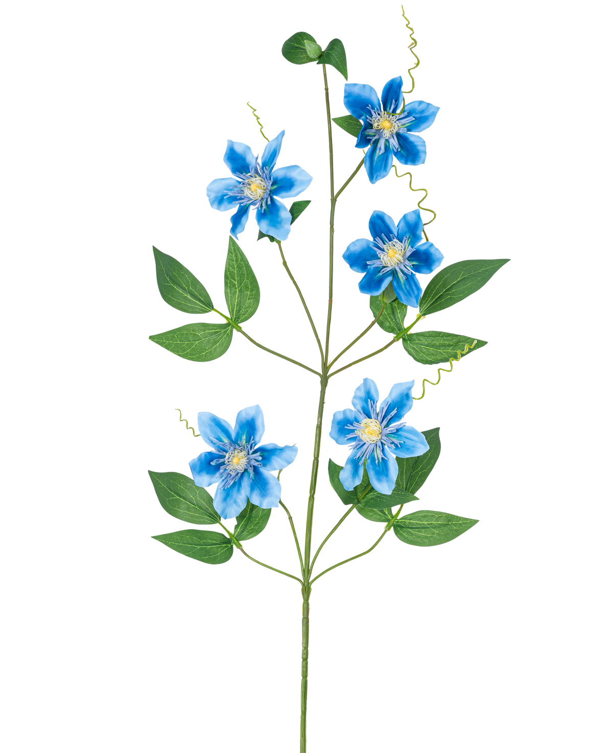 La flor artificial Clemátide doble de 82 cm azul tiene un solo tallo de vid con cinco flores de color azul vibrante y varias hojas verdes, bellamente expuestas sobre un fondo blanco liso.