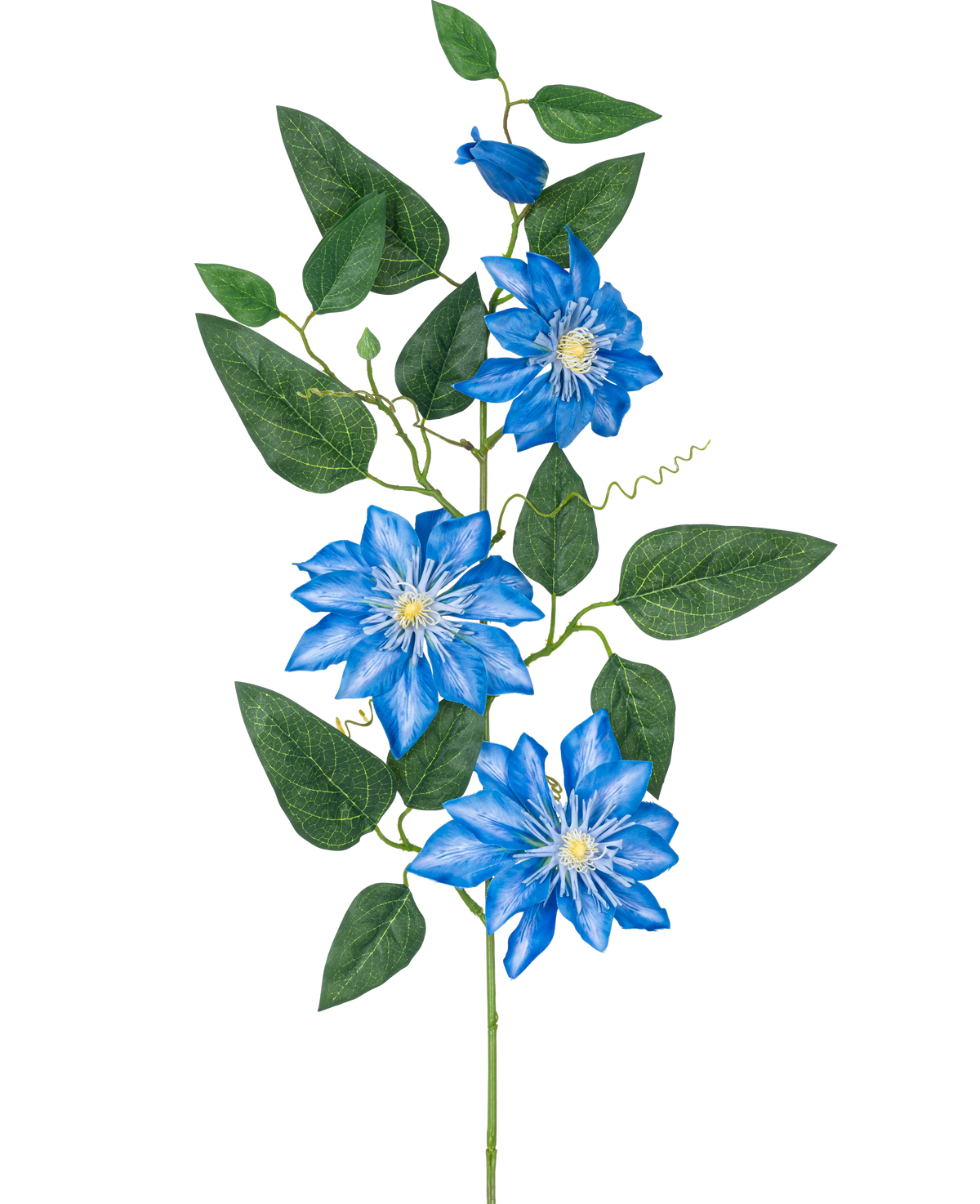 La flor artificial Clemátide grande de 81 cm azul tiene un tallo con varias hojas verdes y cuatro flores de clemátide de color azul brillante, cada una con un corazón blanco y pétalos puntiagudos, sobre un fondo blanco.