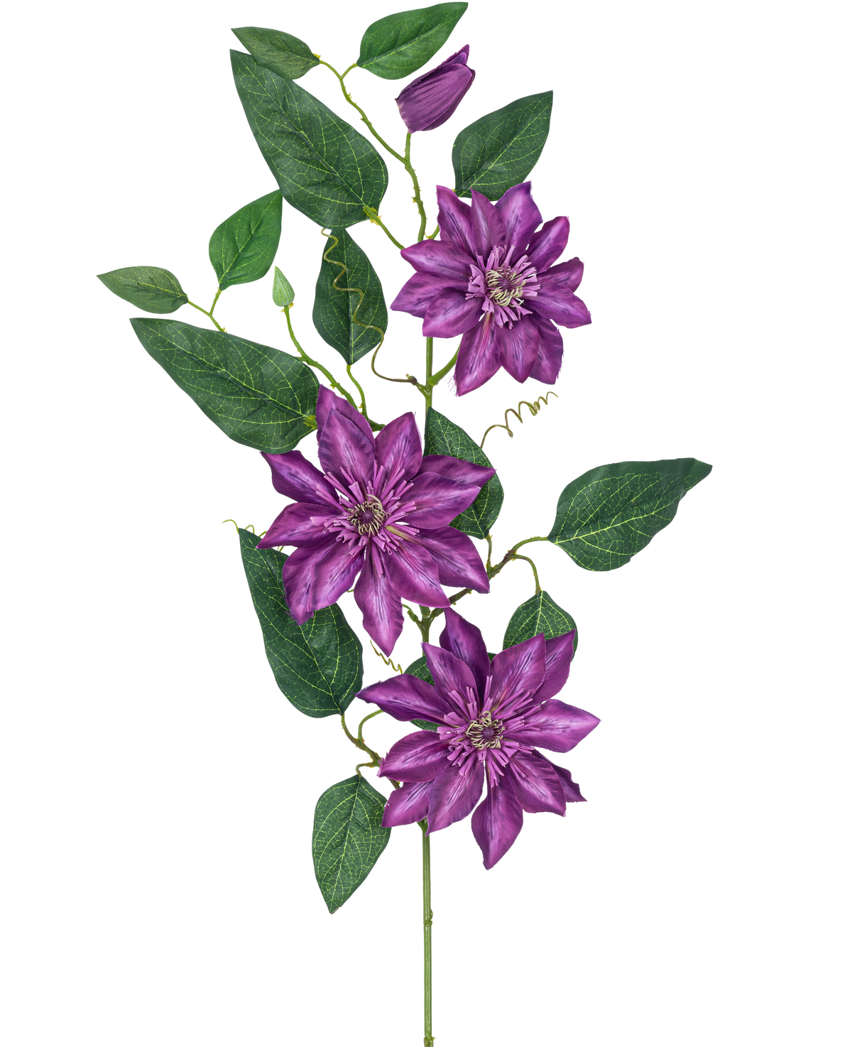 La Flor Artificial Clemátide grande de 81 cm violeta tiene tres grandes flores violetas, hojas verdes, zarcillos rizados y un capullo cerrado en un solo tallo sobre un fondo blanco.