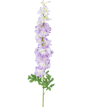 La flor artificial Delphinium 105 cm violeta tiene un único tallo largo de flores artificiales de color violeta claro con hojas verdes, representadas sobre un fondo blanco liso.