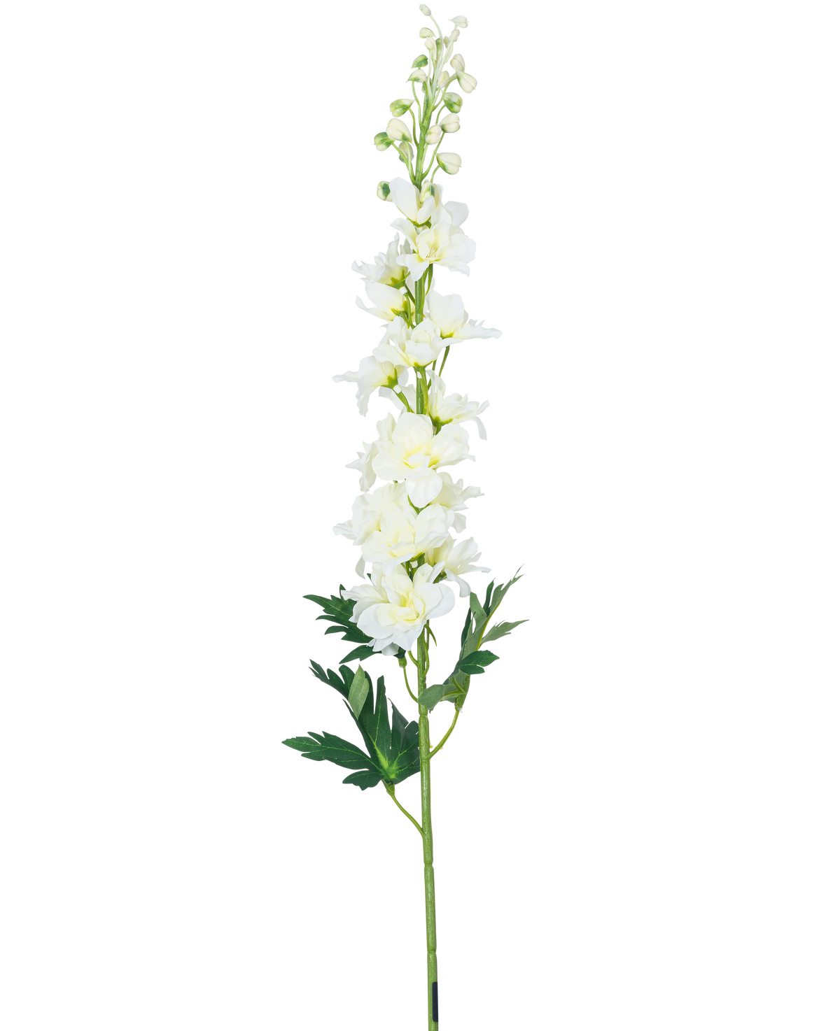 La Flor Artificial Delfinio 79 cm blanca tiene un largo tallo de delfinio blanco con múltiples flores y hojas verdes, aisladas sobre un fondo blanco.