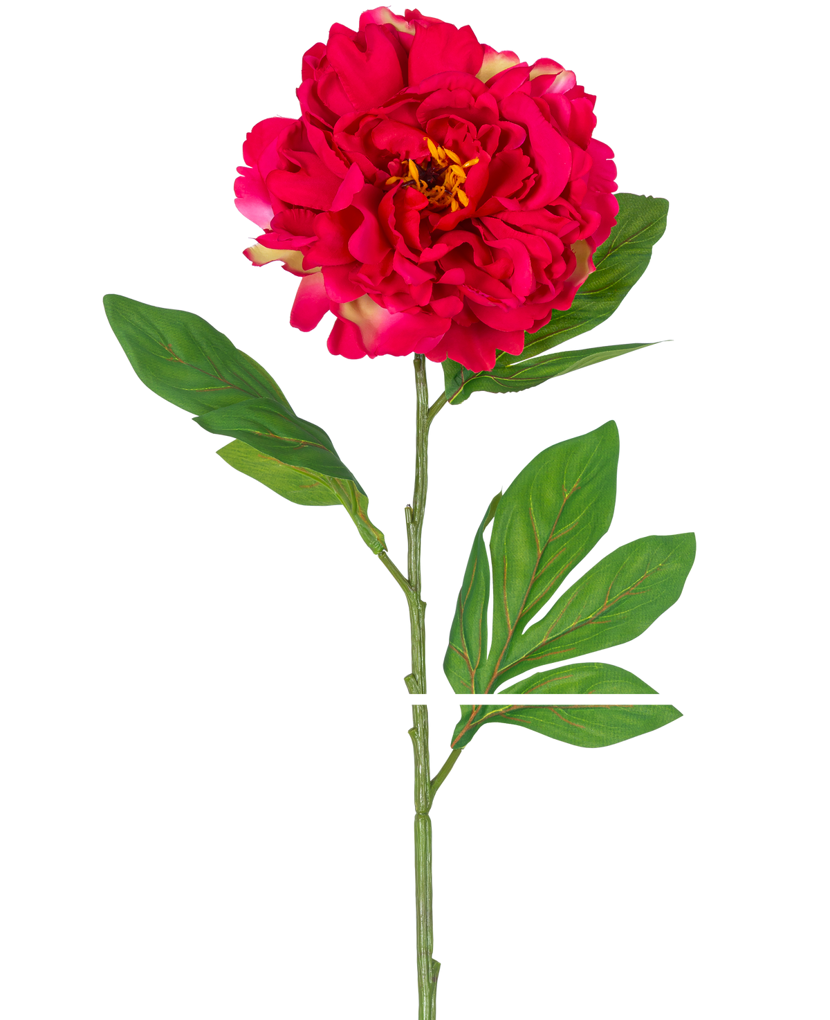 La peonía artificial roja de 77 cm es una peonía artificial única con una flor grande y vibrante de color rojo y hojas verdes en un tallo largo, representada sobre un fondo blanco.