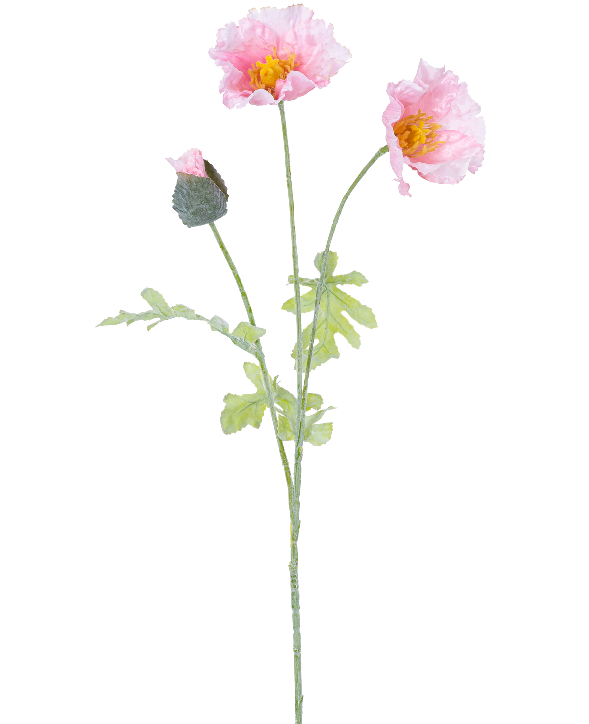 La Flor Artificial Amapola 73 cm rosa claro tiene un solo tallo con dos flores abiertas de amapola rosa claro, un capullo cerrado, volantes en los pétalos, corazones amarillos y hojas verdes sobre fondo blanco.