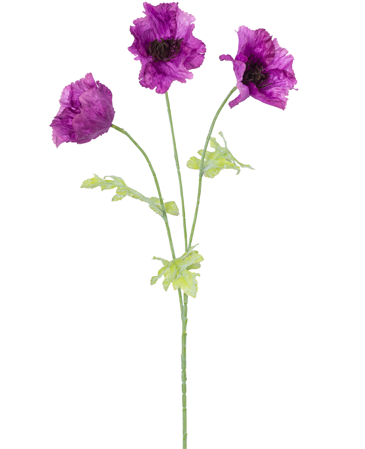 La flor artificial de amapola de 73 cm lila tiene tres flores artificiales de amapola violeta con tallos y hojas verdes, sobre un fondo blanco liso. Los pétalos delicados y ligeramente arrugados añaden textura al arreglo.