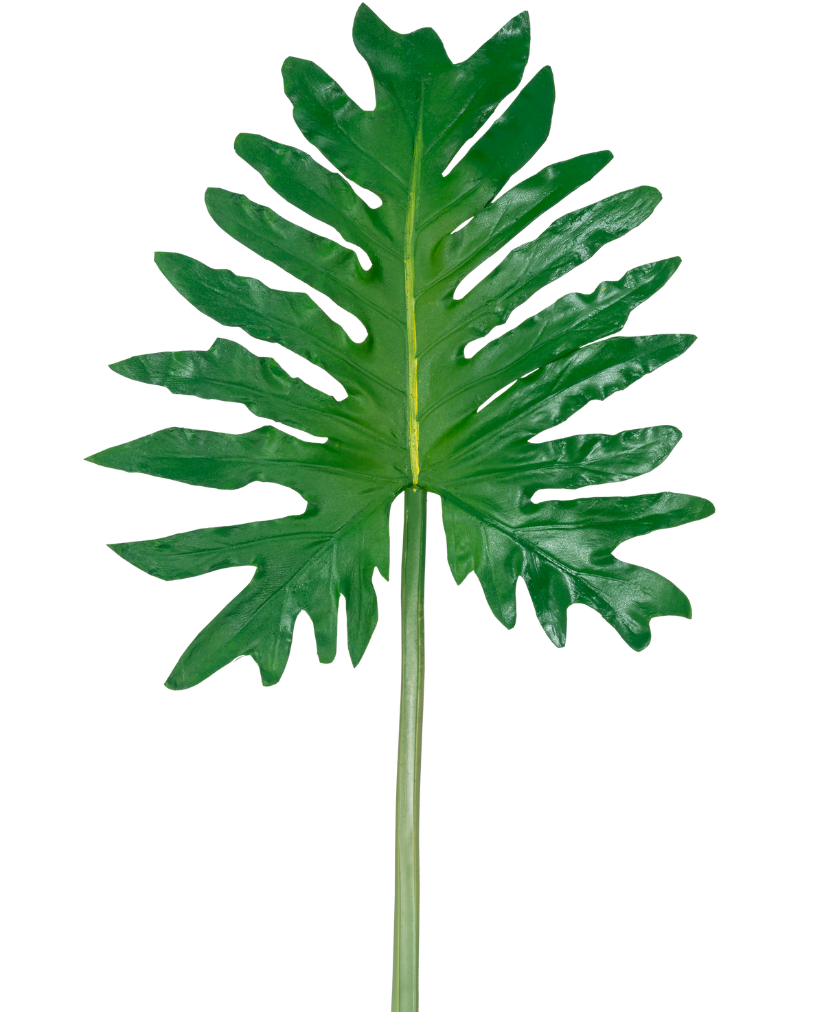 Un filodendro de hoja artificial de 68 cm, que presenta una gran hoja tropical verde con lóbulos profundos e irregulares y un largo tallo central, se muestra sobre un fondo blanco liso.