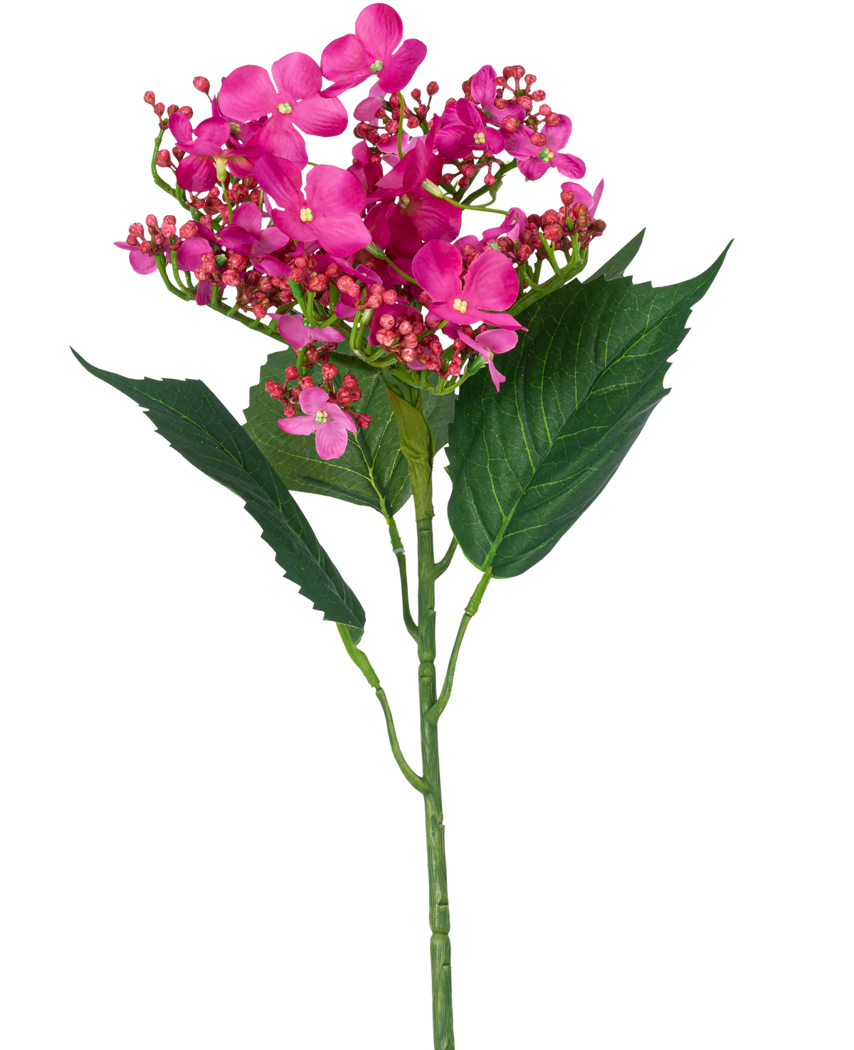 Una hortensia de mariposa con flor artificial, de 72 cm de altura, con flores artificiales de color rosa brillante y hojas verdes, sobre un fondo blanco.