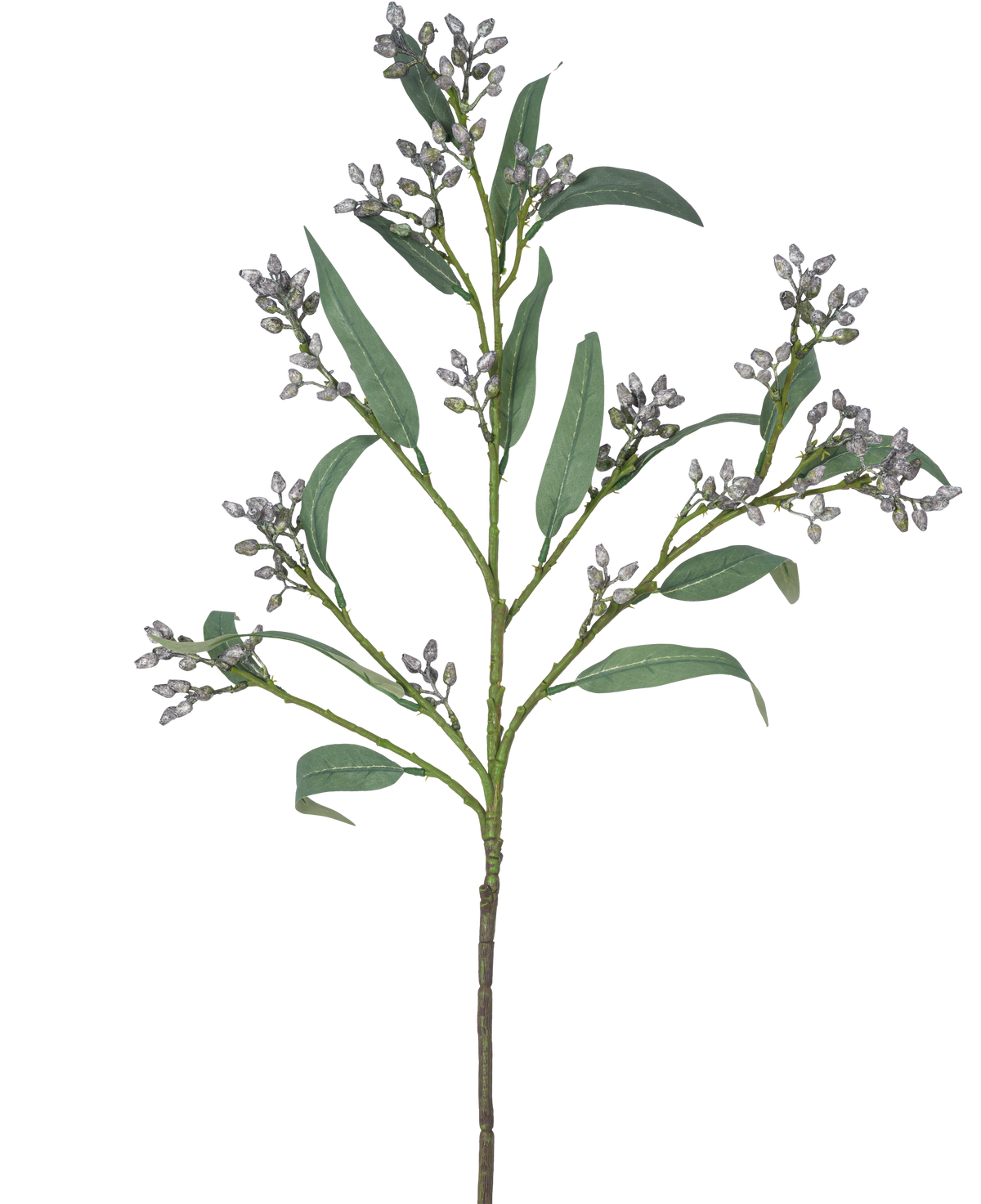 La rama artificial de eucalipto de 78 cm gris tiene una única rama verde con hojas largas y estrechas y manojos de pequeños cogollos grisáceos, representados sobre un fondo blanco.