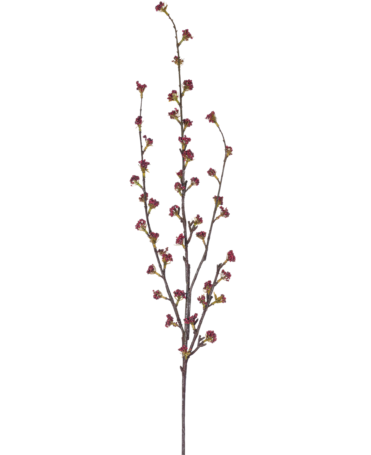 La Rama Artificial Callicarpa 104 cm violeta tiene ramas esbeltas con múltiples tallos delgados, cada uno decorado con pequeños racimos de cogollos de color violeta intenso, sobre un fondo blanco liso.