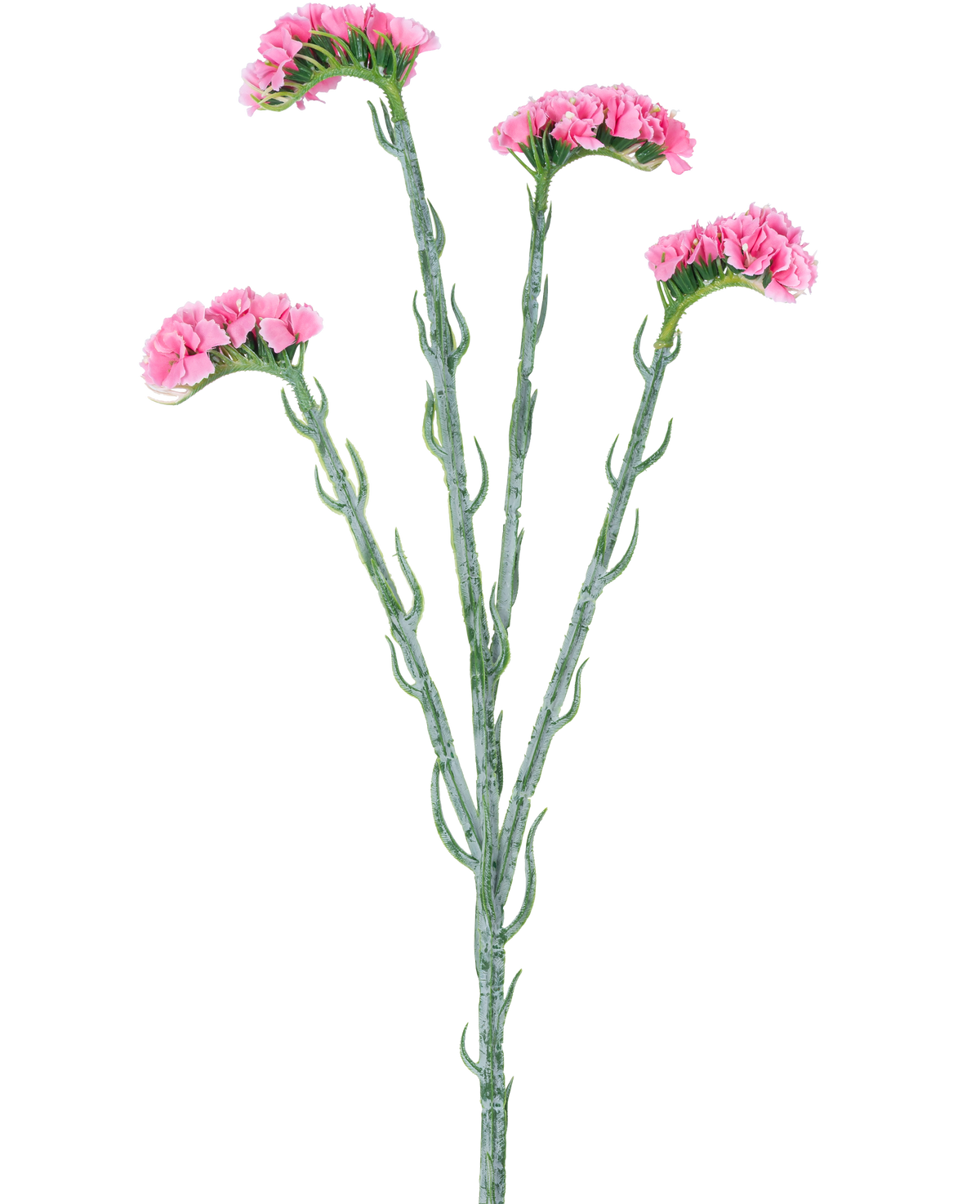 La Rama Artificial Statice 64 cm rosa tiene tres tallos verdes con pequeñas hojas rizadas, cada uno de los cuales termina en ramos de delicadas flores rosas, aisladas sobre un fondo blanco.