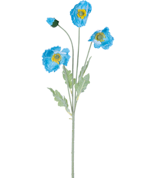 De Kunstbloem Klaproos Real Touch Blauw 60 cm heeft een enkele stengel met drie blauwe klaproosbloemen en groene bladeren; twee bloemen zijn open met een geel hart en één bloem blijft een gesloten knop, allemaal geïsoleerd op een witte achtergrond.