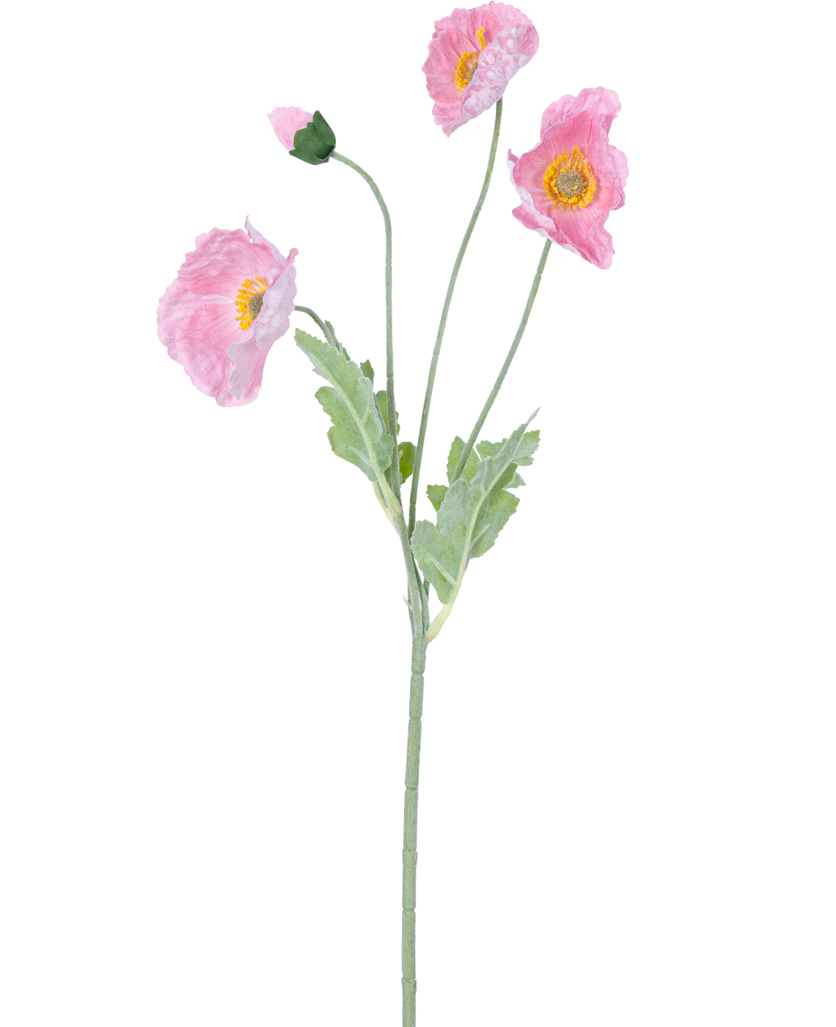 Flor artificial de amapola Real Touch Pink 60 cm: Una amapola rosa realista con tres flores abiertas y un capullo cerrado sobre tallos verdes y hojas de color verde claro, representada sobre un fondo blanco.