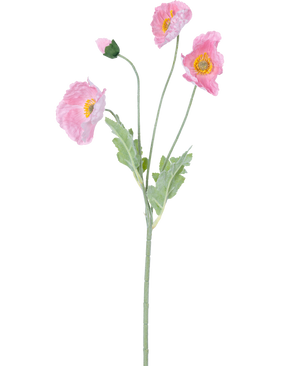 Kunstbloem Klaproos Real Touch Roze 60 cm: Een levensechte roze klaproos met drie open bloemen en één gesloten knop op groene stelen en lichtgroene bladeren, afgebeeld tegen een witte achtergrond.
