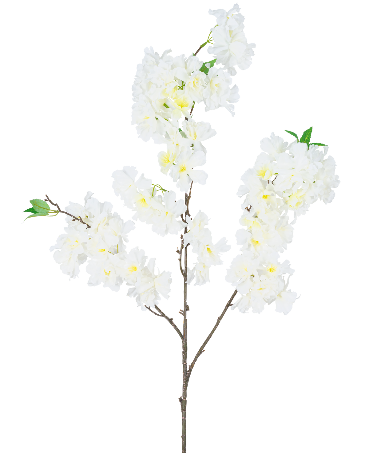 La Flor de Cerezo Artificial 106 cm blanca tiene una sola rama marrón con racimos de flores de cerezo artificiales blancas y pequeñas hojas verdes, sobre un fondo blanco liso.