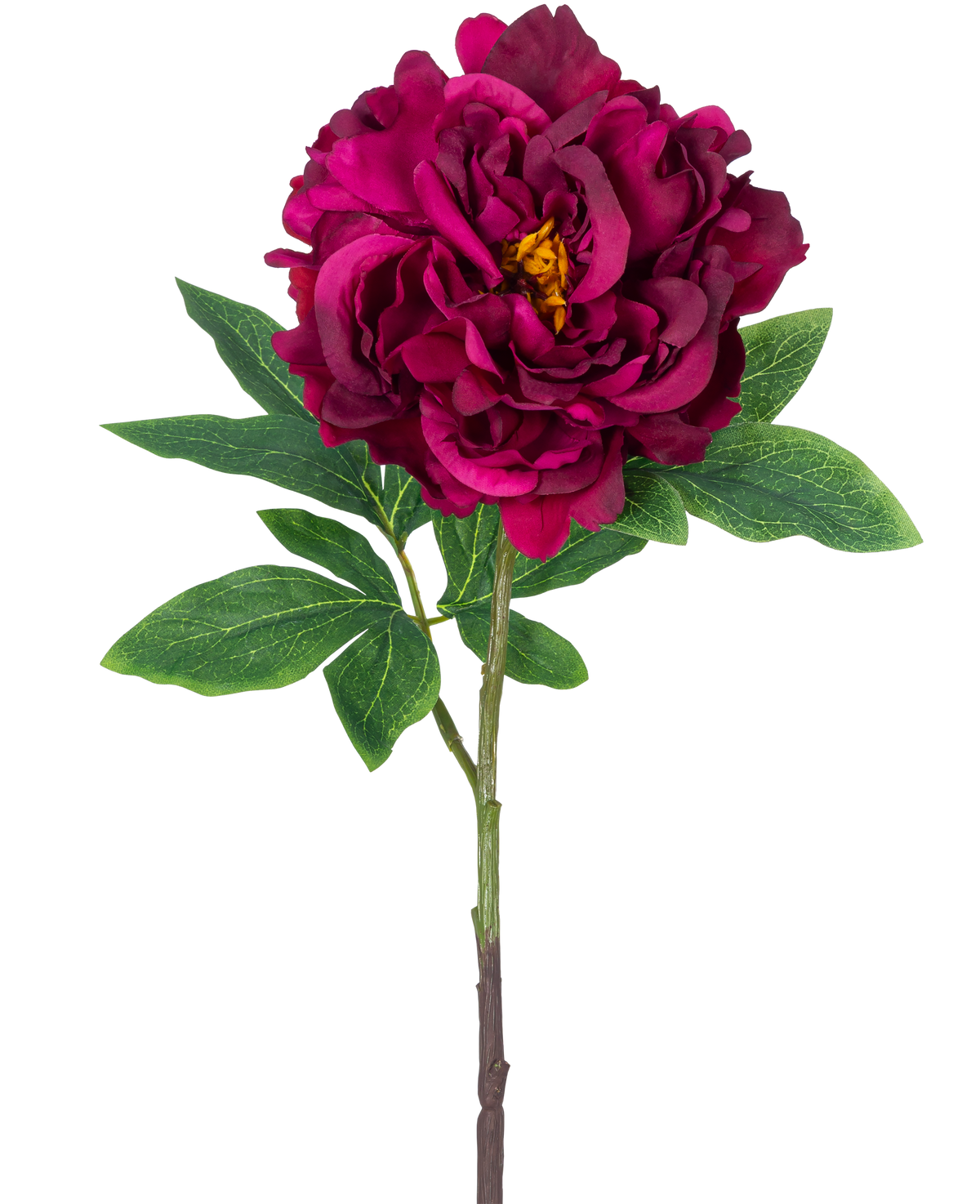 La flor de peonía artificial de 61 cm violeta es una única peonía artificial con pétalos en capas de color violeta oscuro, un corazón amarillo, hojas verdes y un tallo largo, representada sobre un fondo blanco liso.
