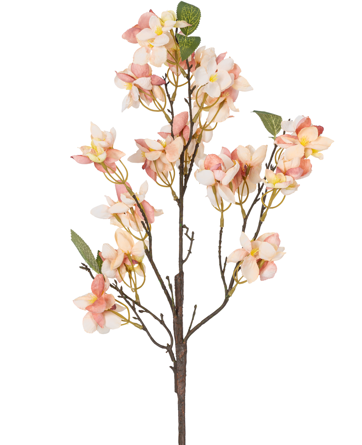 La flor artificial Blossom 60 cm rosa tiene un único tallo artificial con ramos de flores de color rosa claro y crema, pequeños corazones amarillos y hojas verdes sobre un fondo blanco.