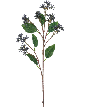 De Kunsttak Berries 64 cm staalblauw heeft een enkele kunsttak met trossen kleine staalblauwe bessen en verschillende groene bladeren op roodbruine stelen, perfect voor decoratie.